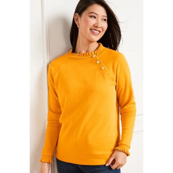 Talbots Mustard Yellow Ruffle Trim Raglan Sweatshirt Women's Size Small - Picture 1 of 10